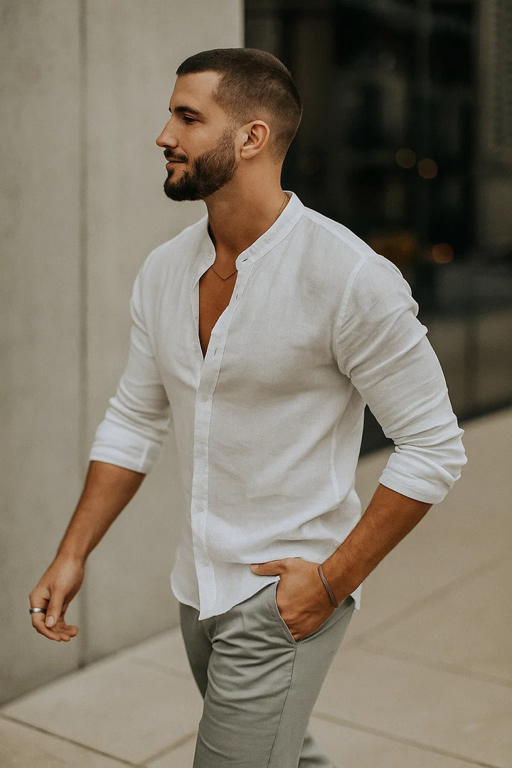 Men's Linen Shirt Grandad Collar - Summer Wedding Guest