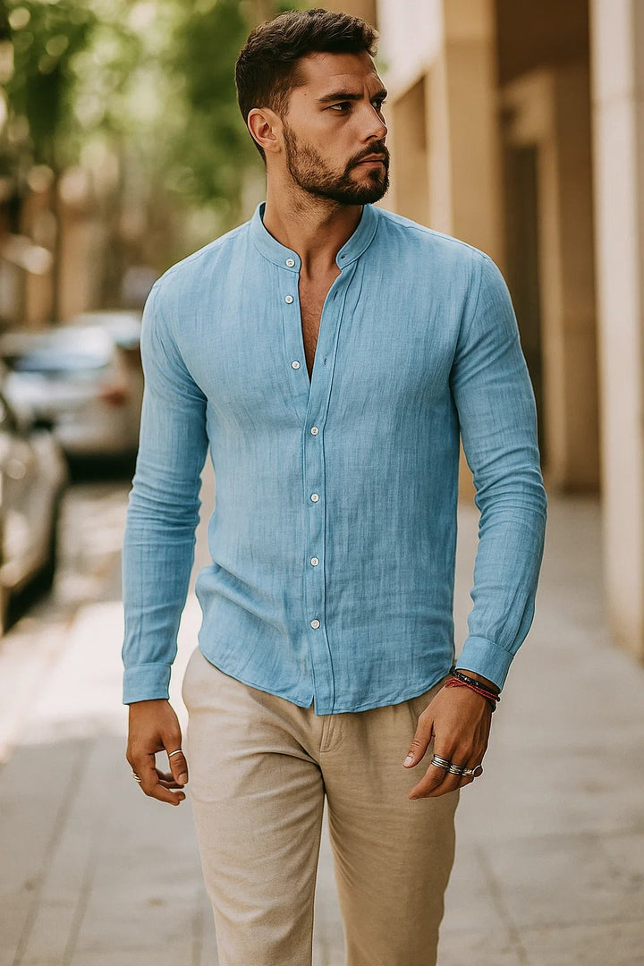Men's Linen Shirt Grandad Collar - Summer Wedding Guest