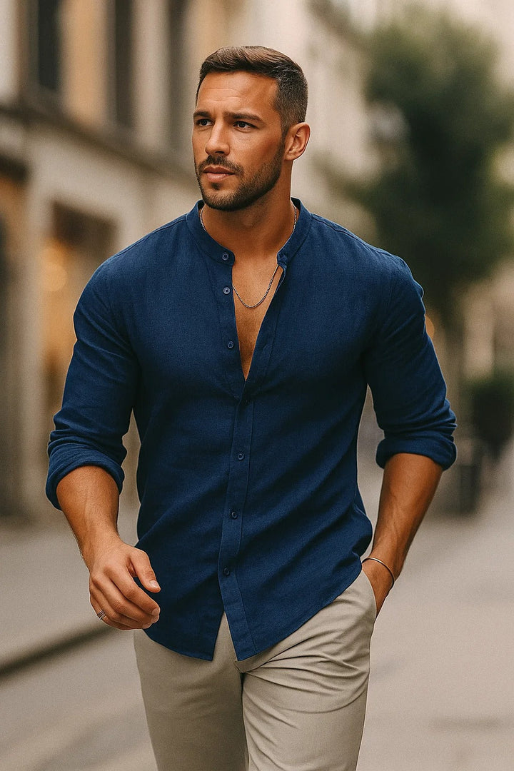 Men's Linen Shirt Grandad Collar - Summer Wedding Guest