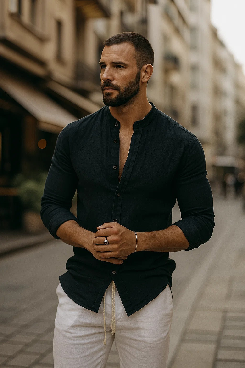 Men's Linen Shirt Grandad Collar - Summer Wedding Guest