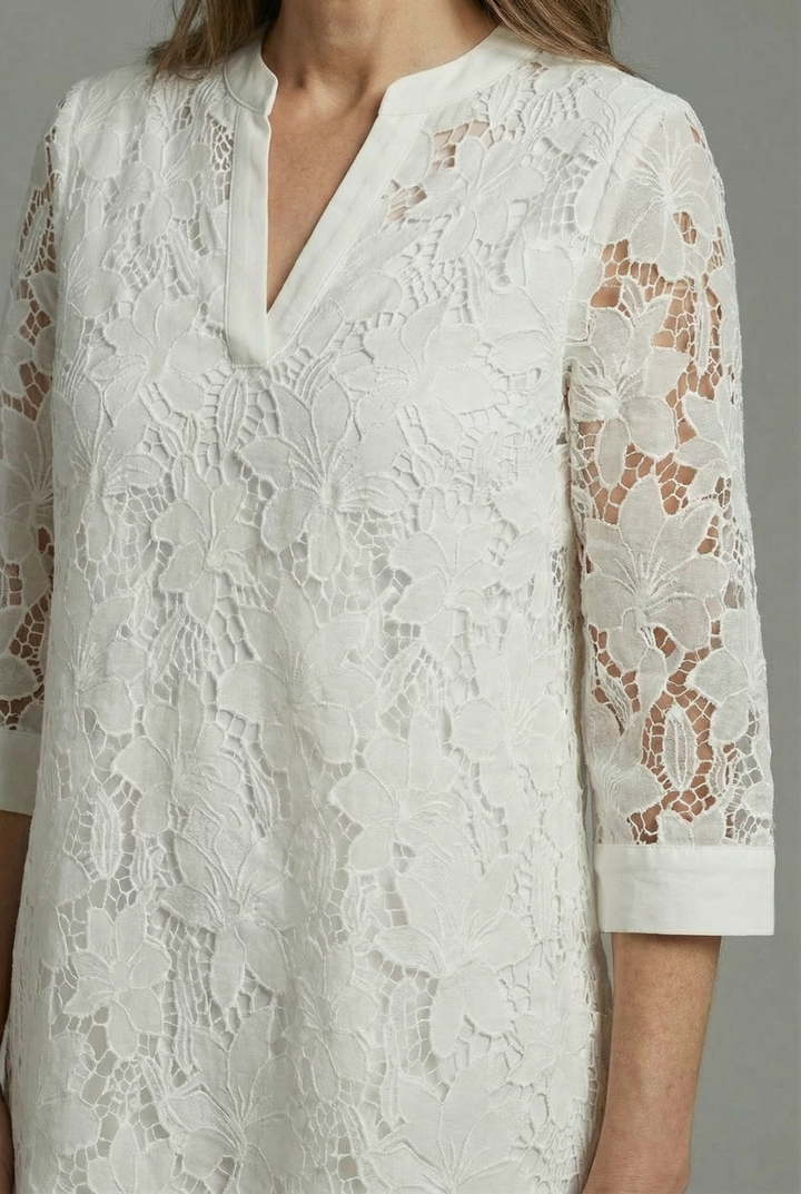 Lace Midi Dress - 3/4 Sleeve V-Neck Wedding Guest Garden Party