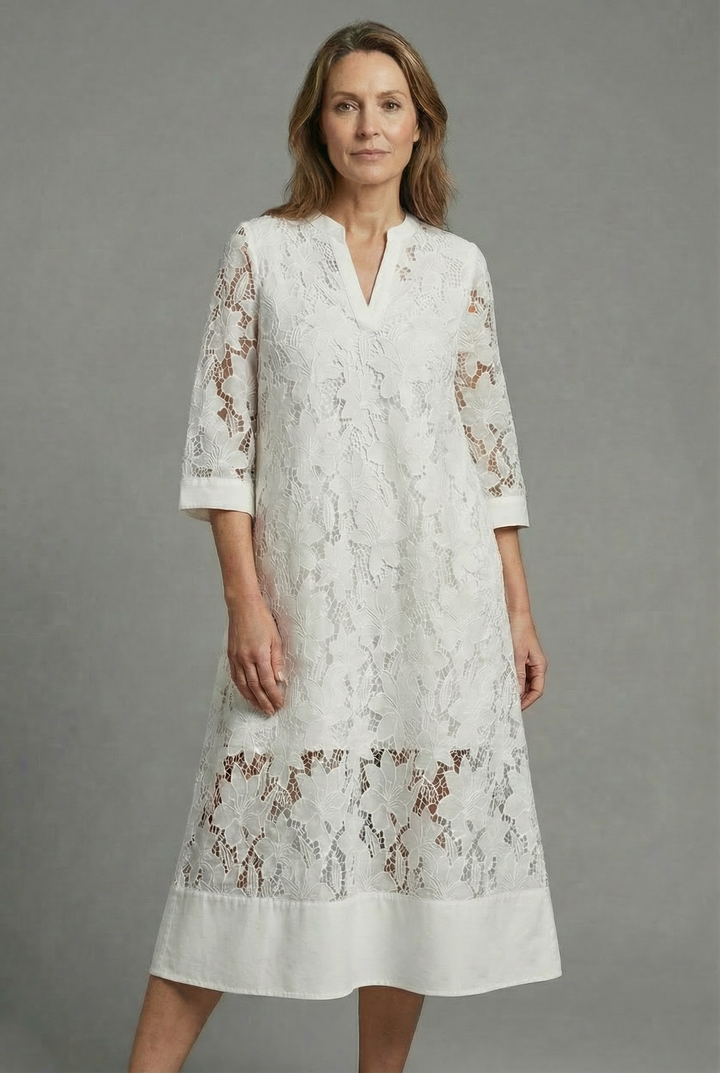 Lace Midi Dress - 3/4 Sleeve V-Neck Wedding Guest Garden Party