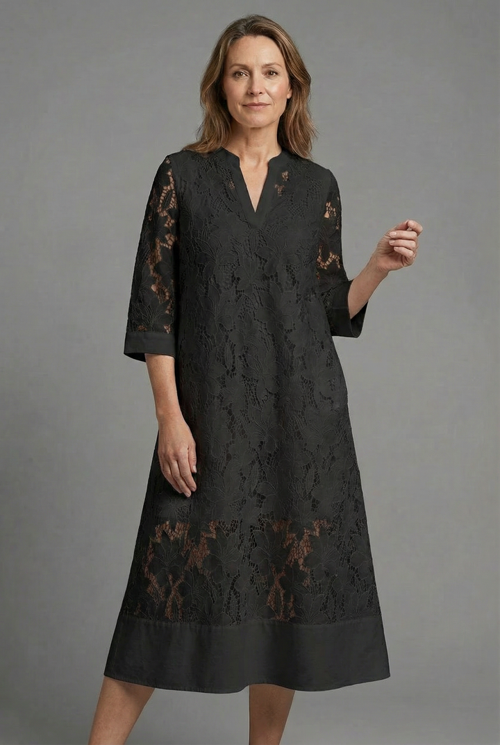 Lace Midi Dress - 3/4 Sleeve V-Neck Wedding Guest Garden Party