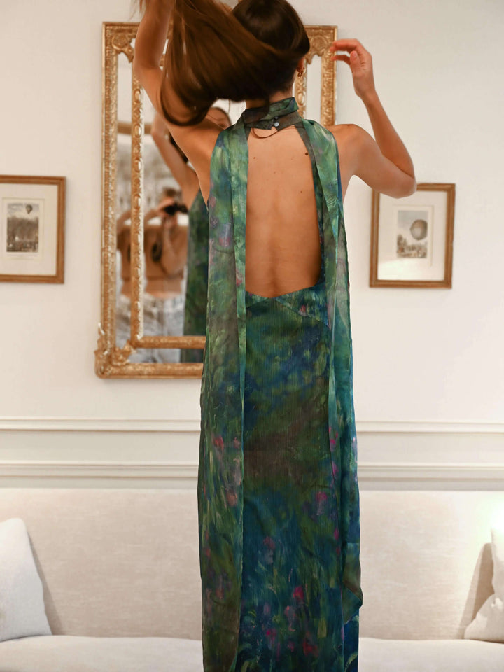 Halter Neck Maxi Dress Wedding Guest - Floral Chiffon