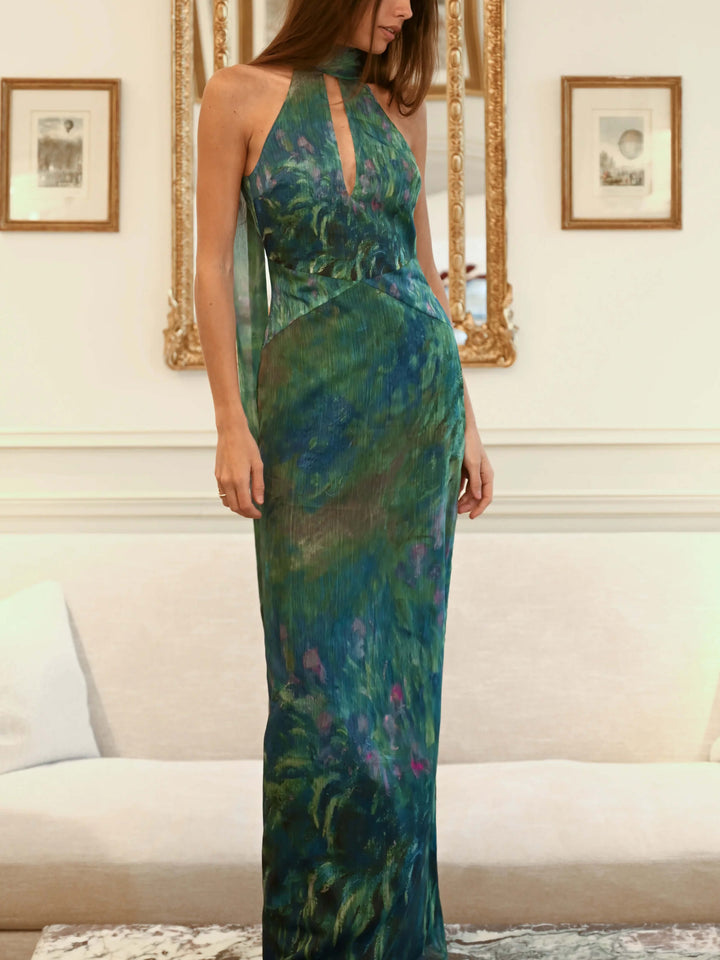 Halter Neck Maxi Dress Wedding Guest - Floral Chiffon