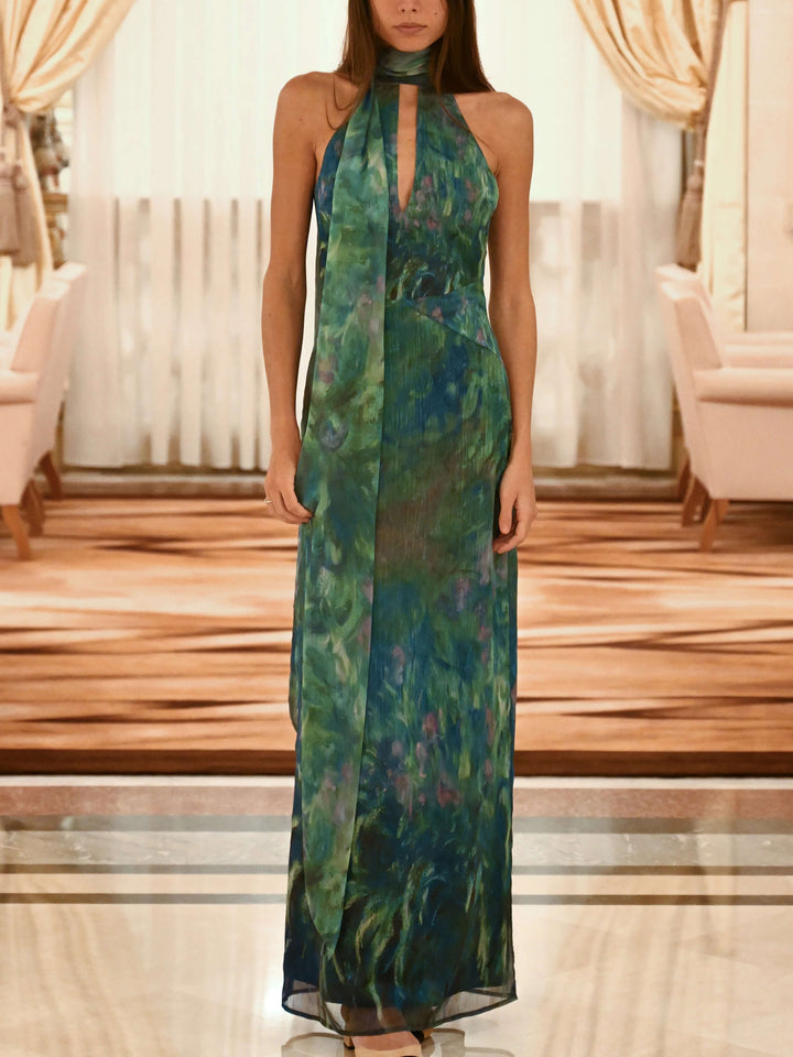 Halter Neck Maxi Dress Wedding Guest - Floral Chiffon
