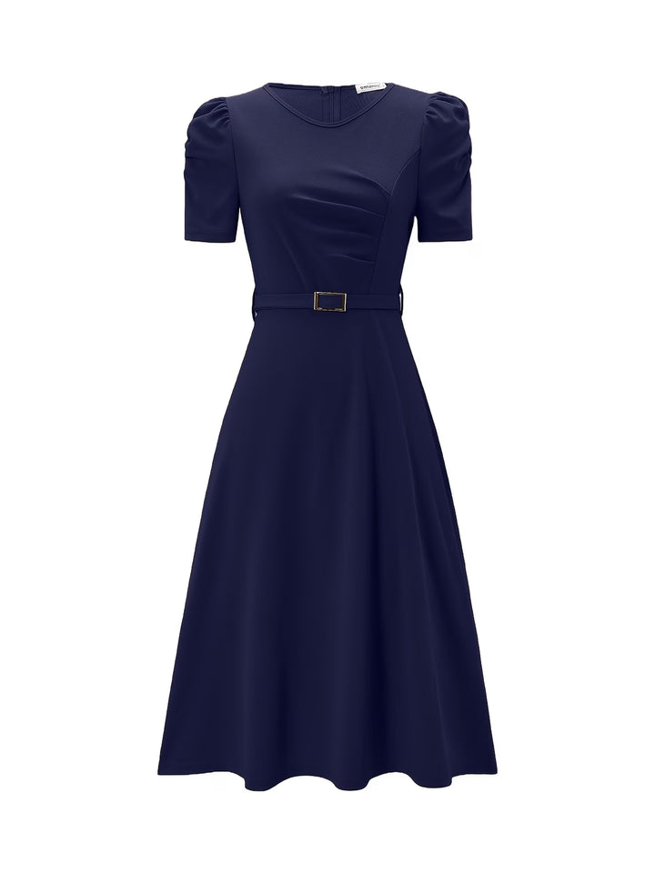 Women's Royal Midi Dress - Elegant Belted A-Line