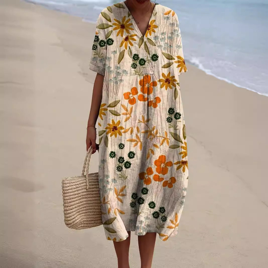 Linen Floral Midi Dress - V-Neck Summer Holiday