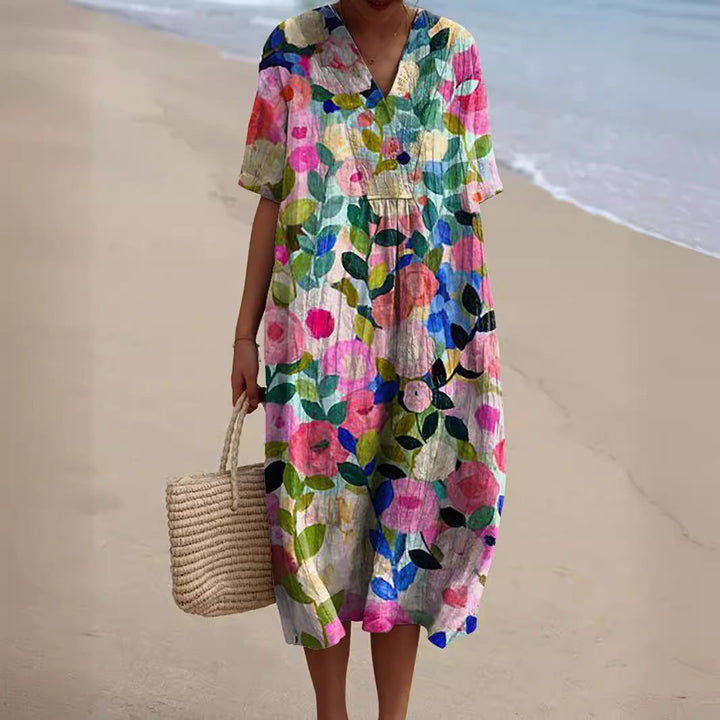 Linen Floral Midi Dress - V-Neck Summer Holiday