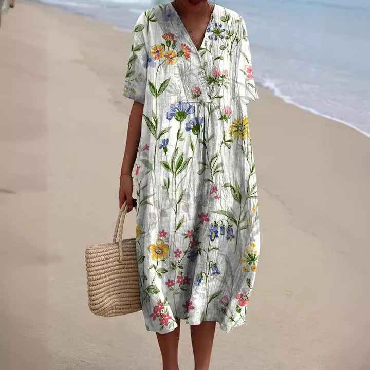 Linen Floral Midi Dress - V-Neck Summer Holiday