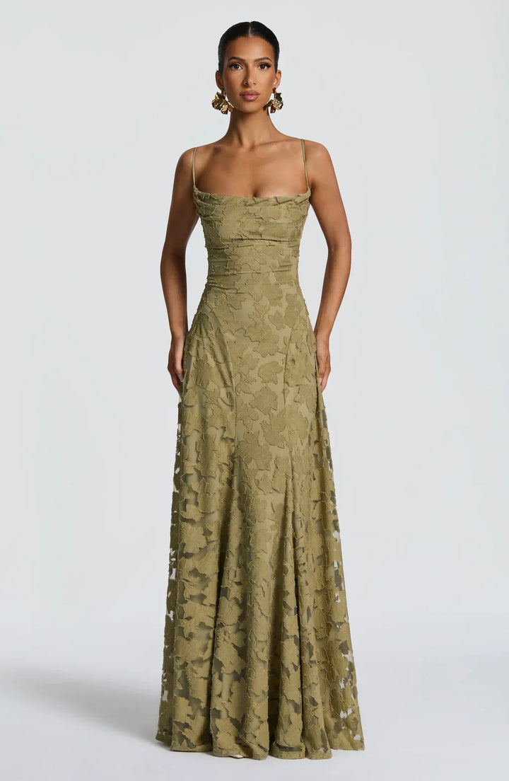 Lace Maxi Dress Wedding Guest - Ruched Bodice Spaghetti Strap
