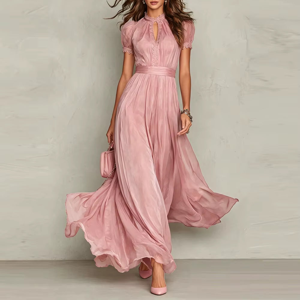 Chiffon Wedding Guest Maxi Dress - High Neck Keyhole Lace Trim