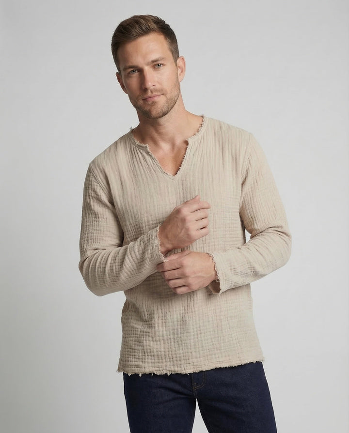 Men's Cotton Linen Shirt Relaxed Fit - V-Neck Summer Holiday