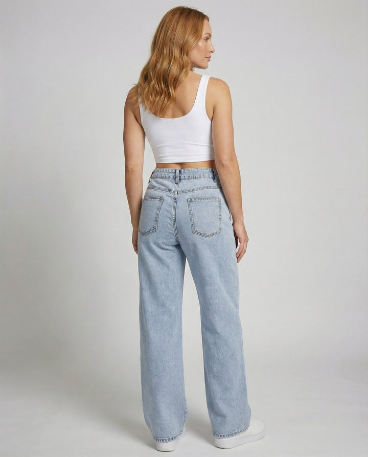 High Waist Wide Leg Jeans - Flare Denim Vintage Wash