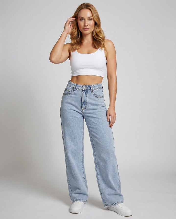 High Waist Wide Leg Jeans - Flare Denim Vintage Wash