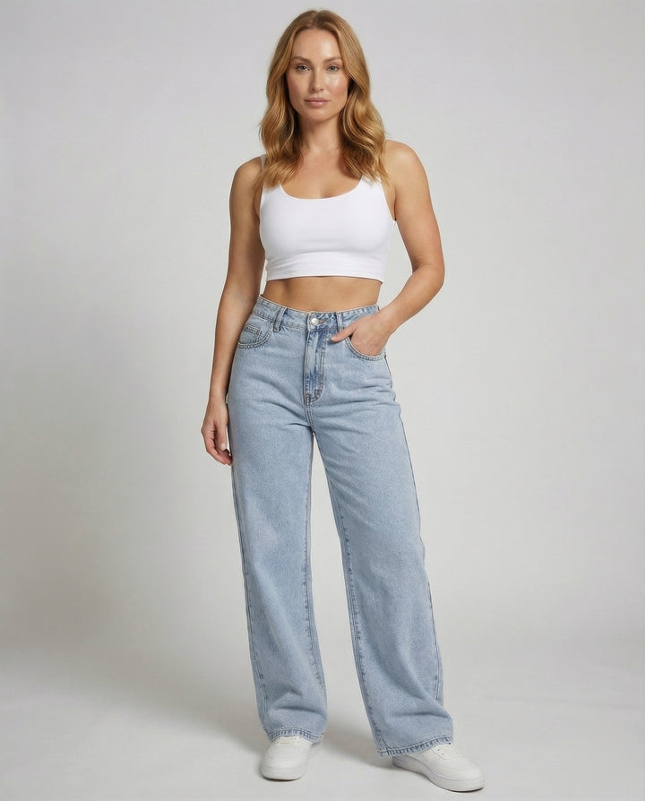 High Waist Wide Leg Jeans - Flare Denim Vintage Wash