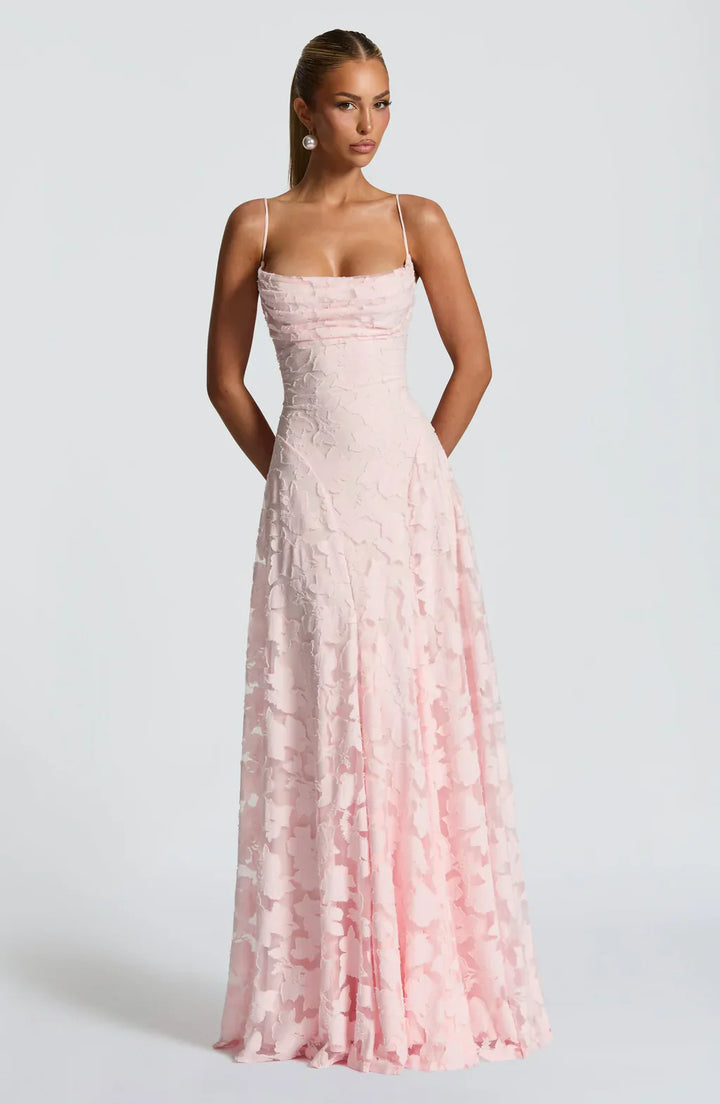 Lace Maxi Dress Wedding Guest - Ruched Bodice Spaghetti Strap
