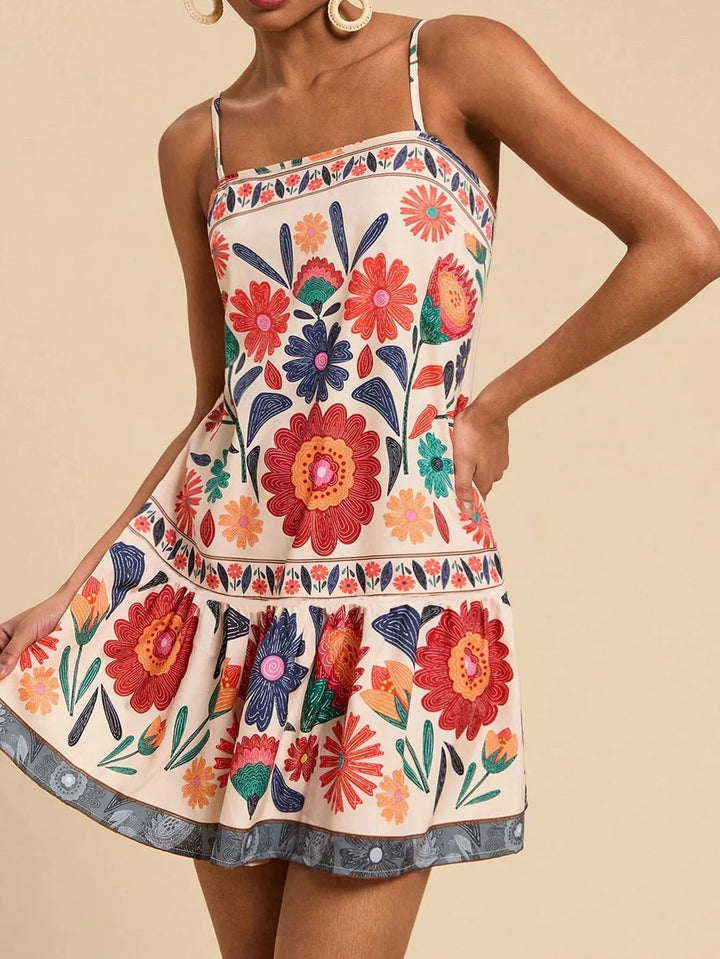 Floral Cotton Mini Dress - Wedding Guest Drop Waist