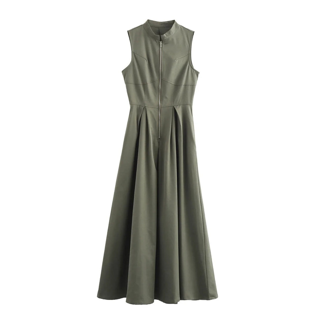 Women's Linen Maxi Dress - Sleeveless Zip Front Pleated