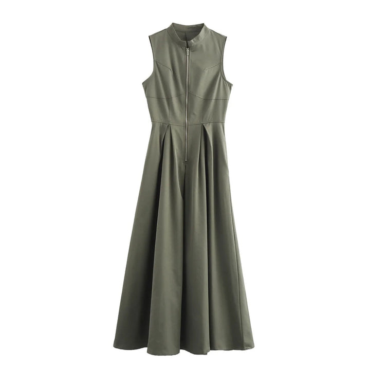 Women's Linen Maxi Dress - Sleeveless Zip Front Pleated
