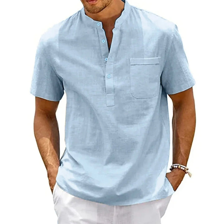 Men’s Linen Henley Shirt - Breathable Short Sleeve Casual