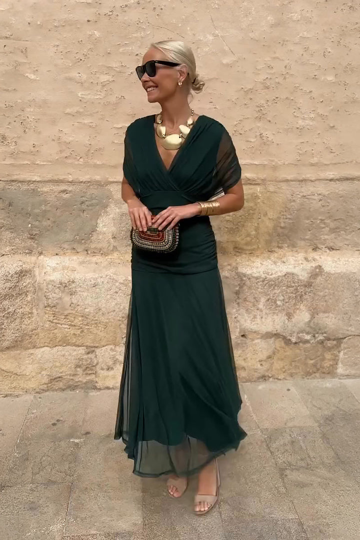 Chiffon Wrap Maxi Dress - V-Neck Wedding Guest