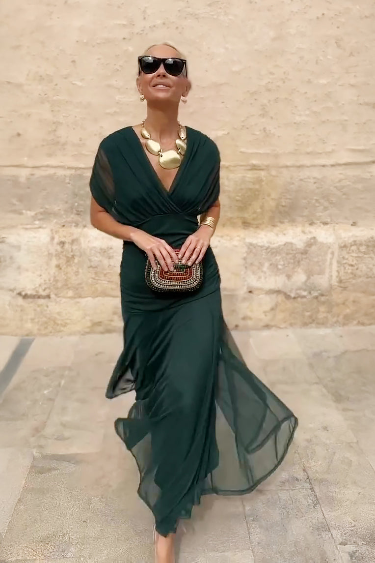 Chiffon Wrap Maxi Dress - V-Neck Wedding Guest