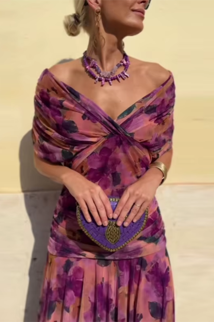 Chiffon Wrap Maxi Dress - V-Neck Wedding Guest