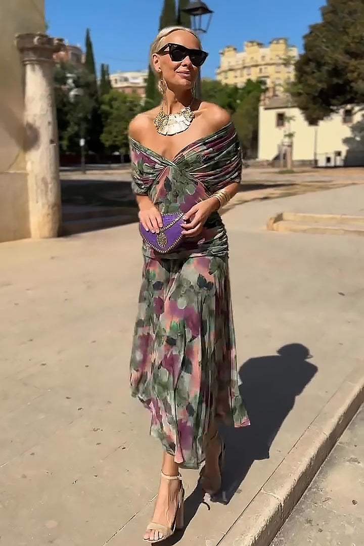 Chiffon Wrap Maxi Dress - V-Neck Wedding Guest