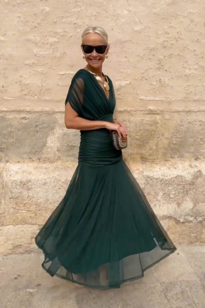 Chiffon Wrap Maxi Dress - V-Neck Wedding Guest