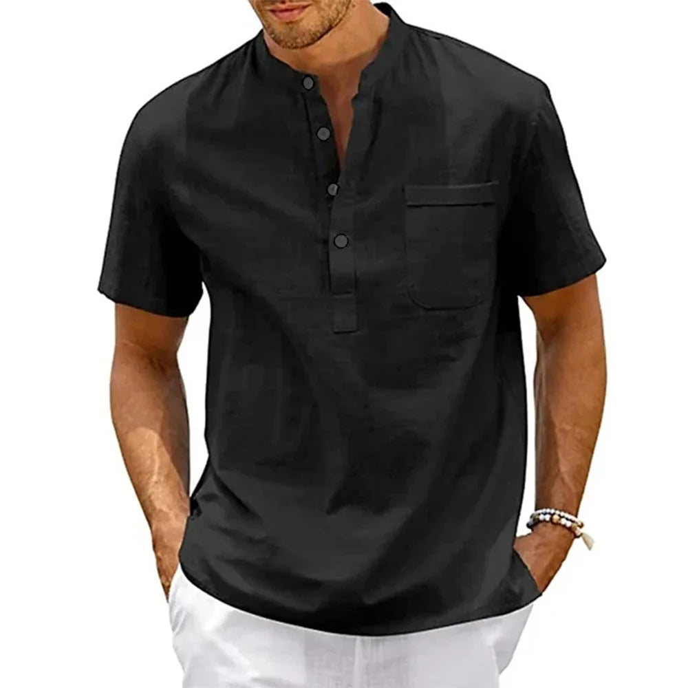 Men’s Linen Henley Shirt - Breathable Short Sleeve Casual