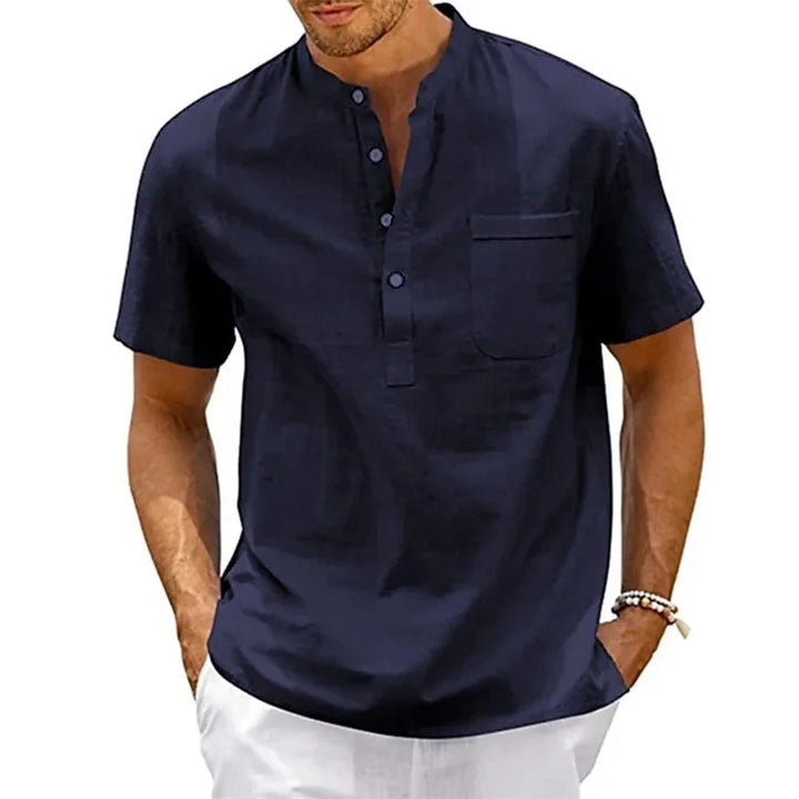 Men’s Linen Henley Shirt - Breathable Short Sleeve Casual