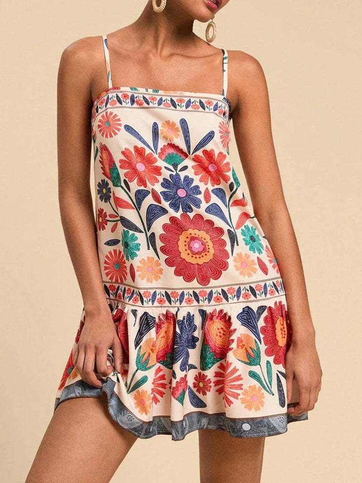 Floral Cotton Mini Dress - Wedding Guest Drop Waist