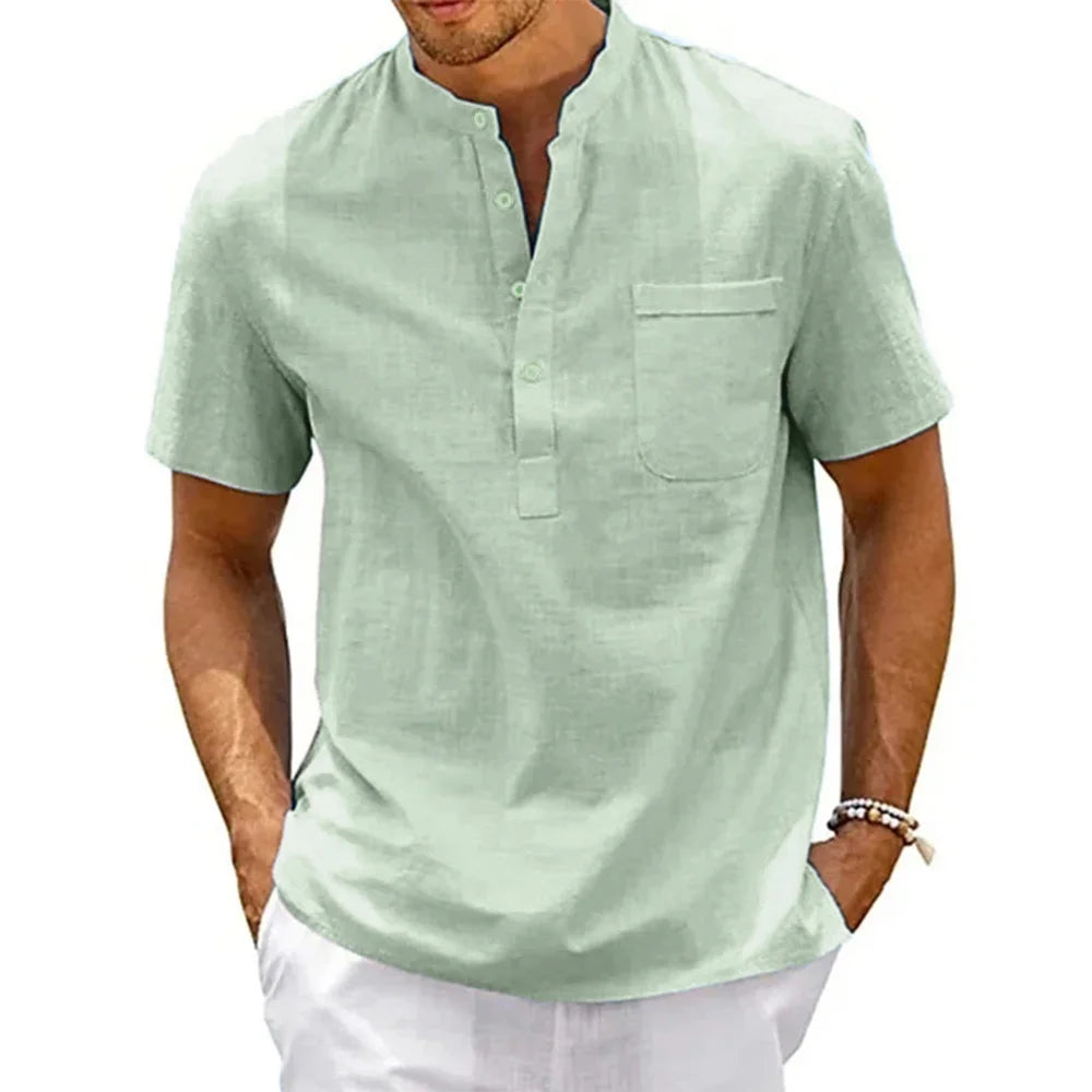 Men’s Linen Henley Shirt - Breathable Short Sleeve Casual