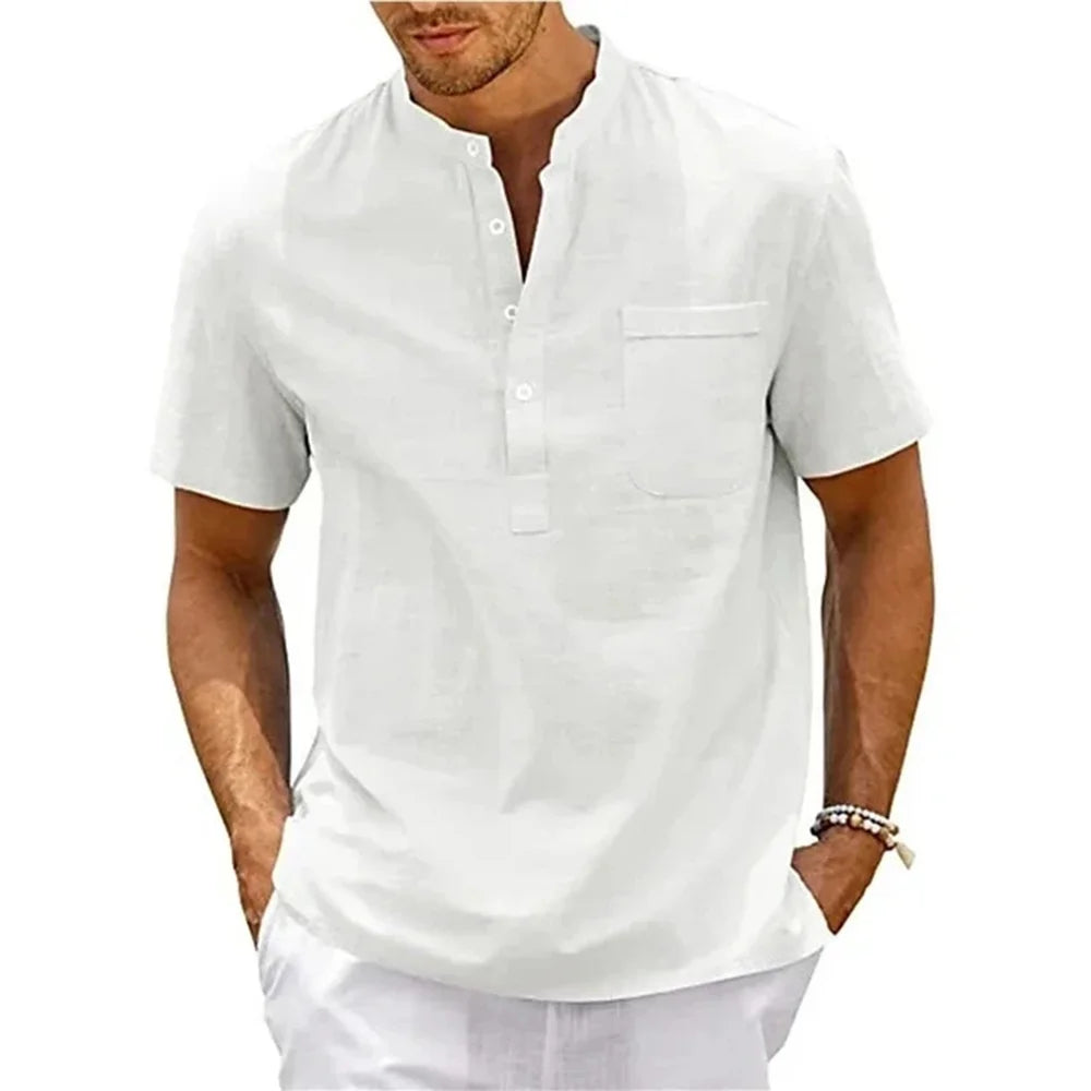 Men’s Linen Henley Shirt - Breathable Short Sleeve Casual