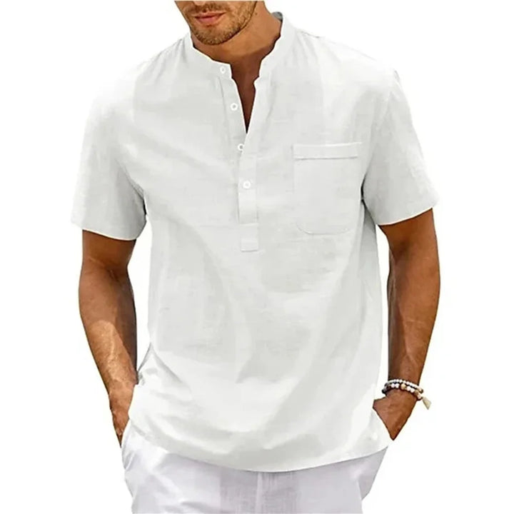 Men’s Linen Henley Shirt - Breathable Short Sleeve Casual