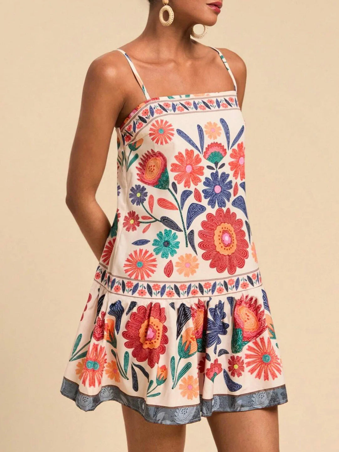 Floral Cotton Mini Dress - Wedding Guest Drop Waist