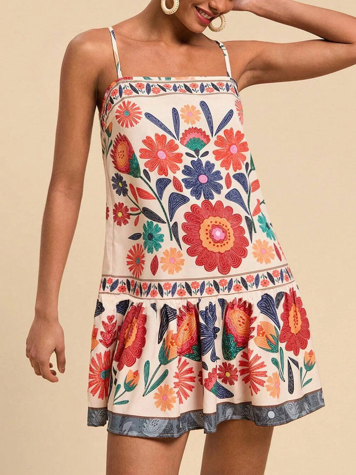 Floral Cotton Mini Dress - Wedding Guest Drop Waist