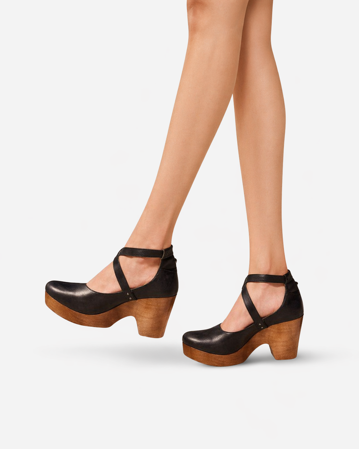Leather Platform Clog Heel - Cross Strap Wooden Sole Smart Casual