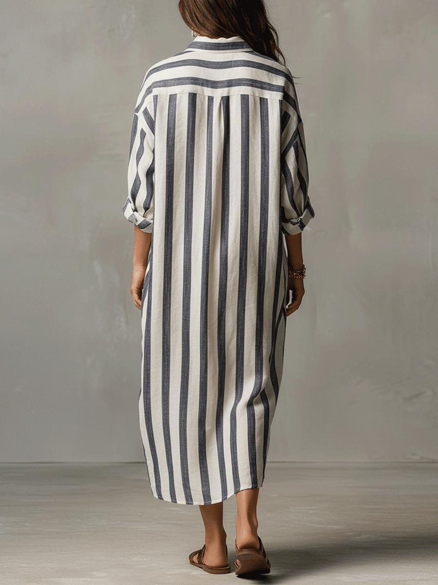 Linen Maxi Shirt Dress - Stripe Summer Holiday Dress