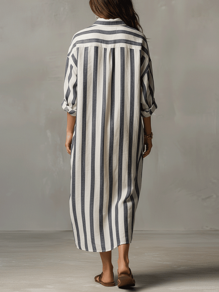 Linen Maxi Shirt Dress - Stripe Summer Holiday Dress