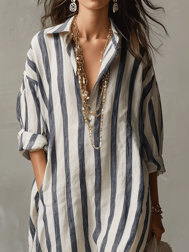 Linen Maxi Shirt Dress - Stripe Summer Holiday Dress