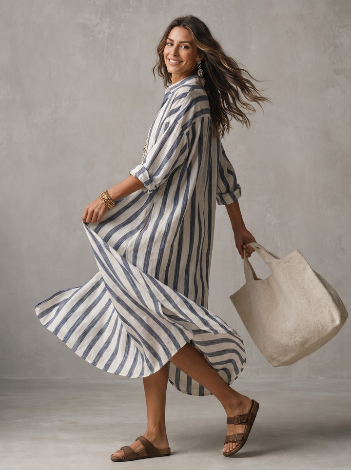 Linen Maxi Shirt Dress - Stripe Summer Holiday Dress