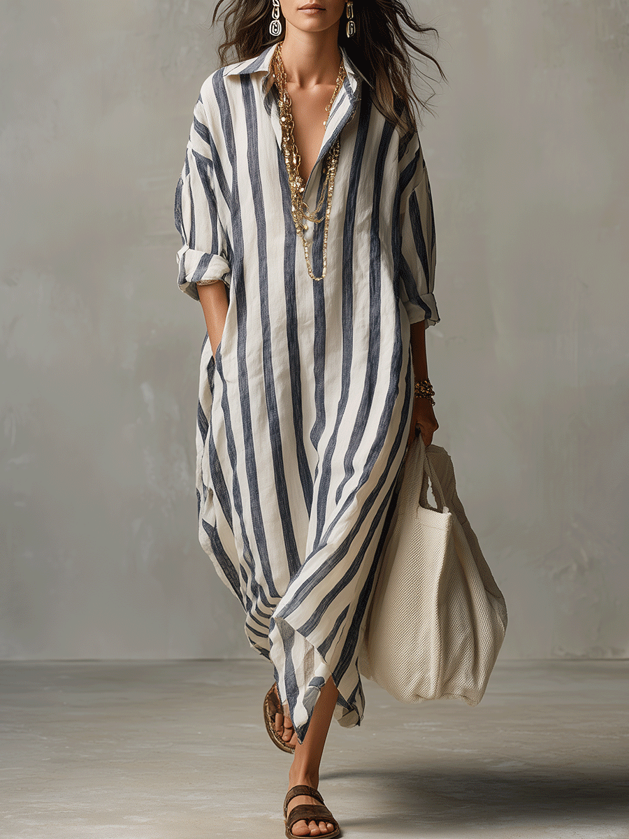 Linen Maxi Shirt Dress - Stripe Summer Holiday Dress