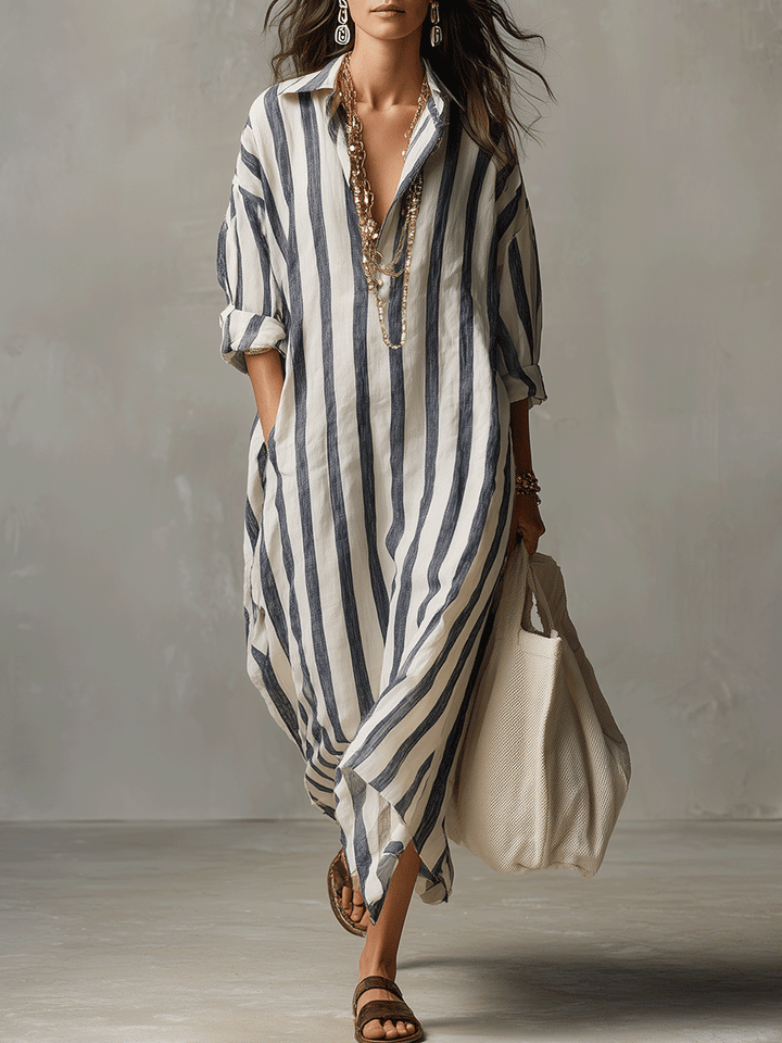 Linen Maxi Shirt Dress - Stripe Summer Holiday Dress
