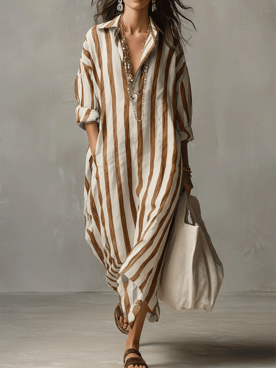Linen Maxi Shirt Dress - Stripe Summer Holiday Dress