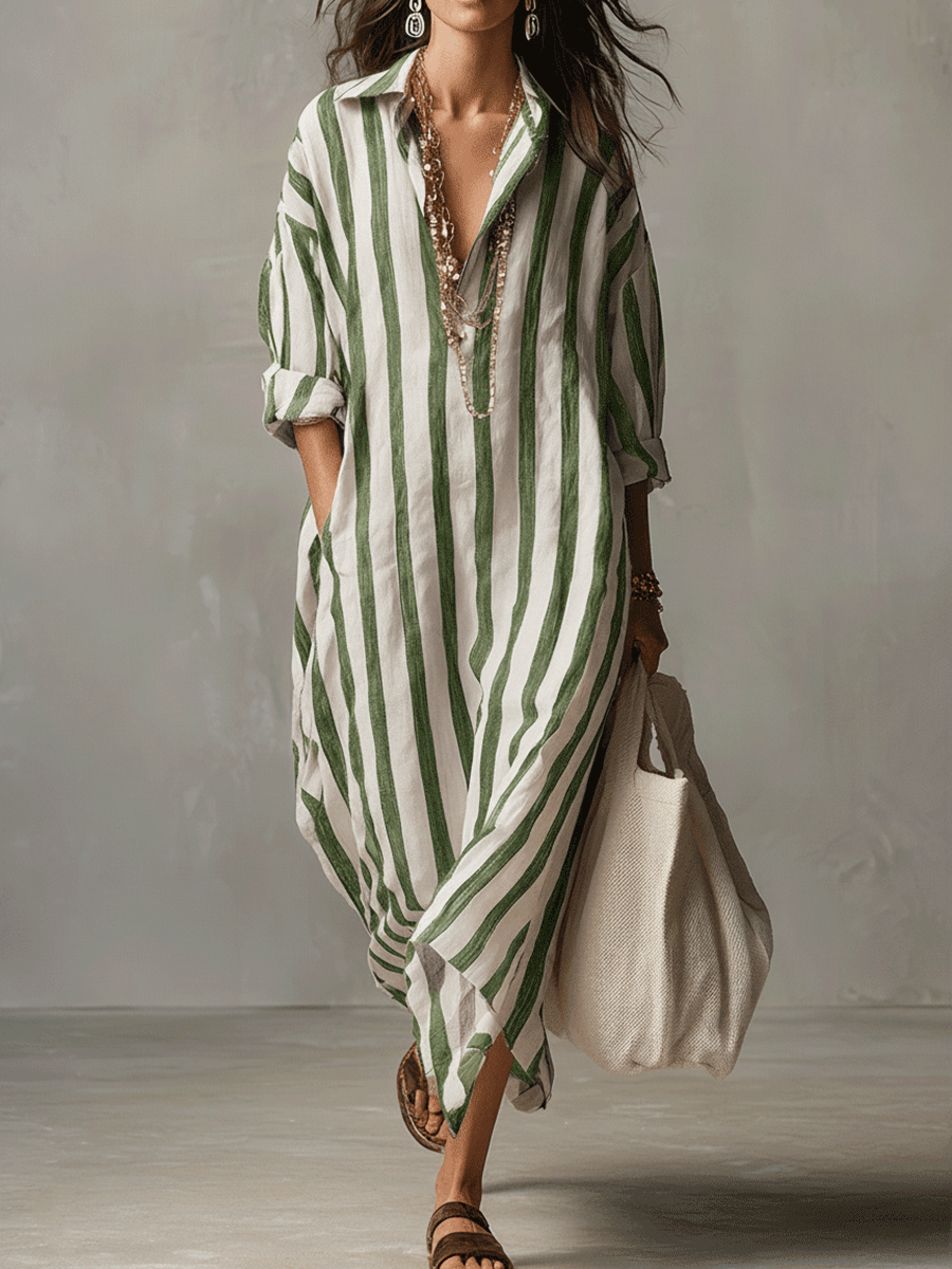 Linen Maxi Shirt Dress - Stripe Summer Holiday Dress