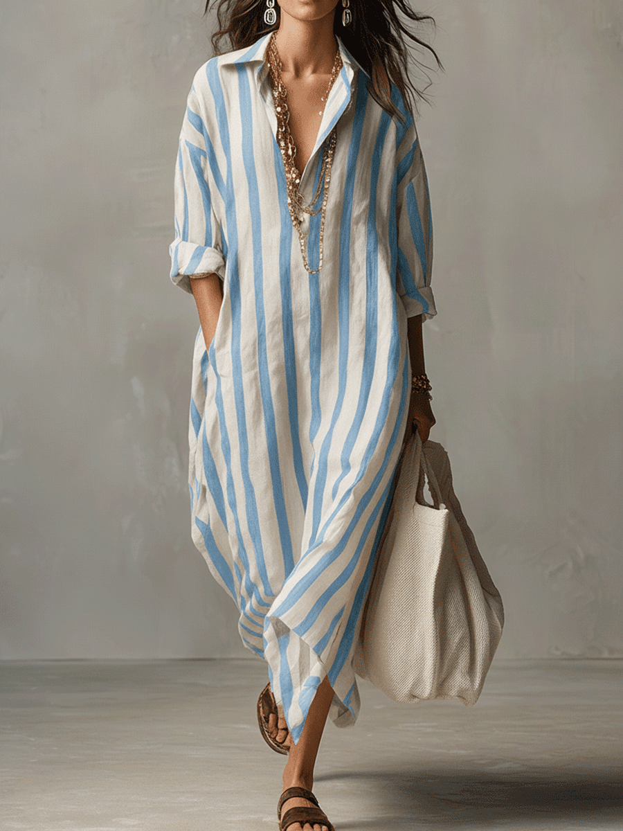 Linen Maxi Shirt Dress - Stripe Summer Holiday Dress