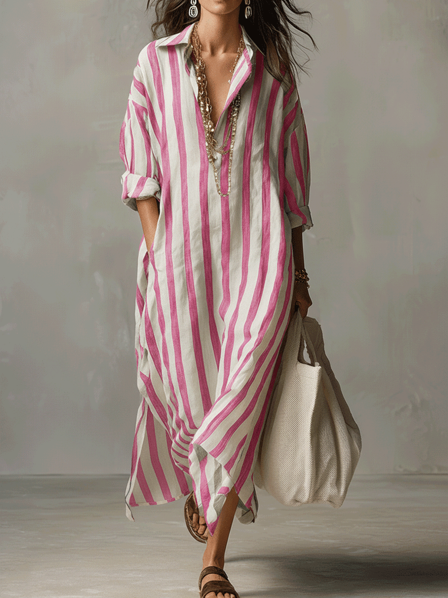 Linen Maxi Shirt Dress - Stripe Summer Holiday Dress