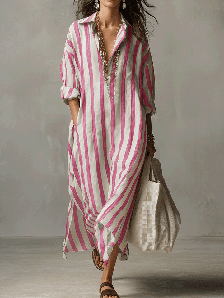 Linen Maxi Shirt Dress - Stripe Summer Holiday Dress